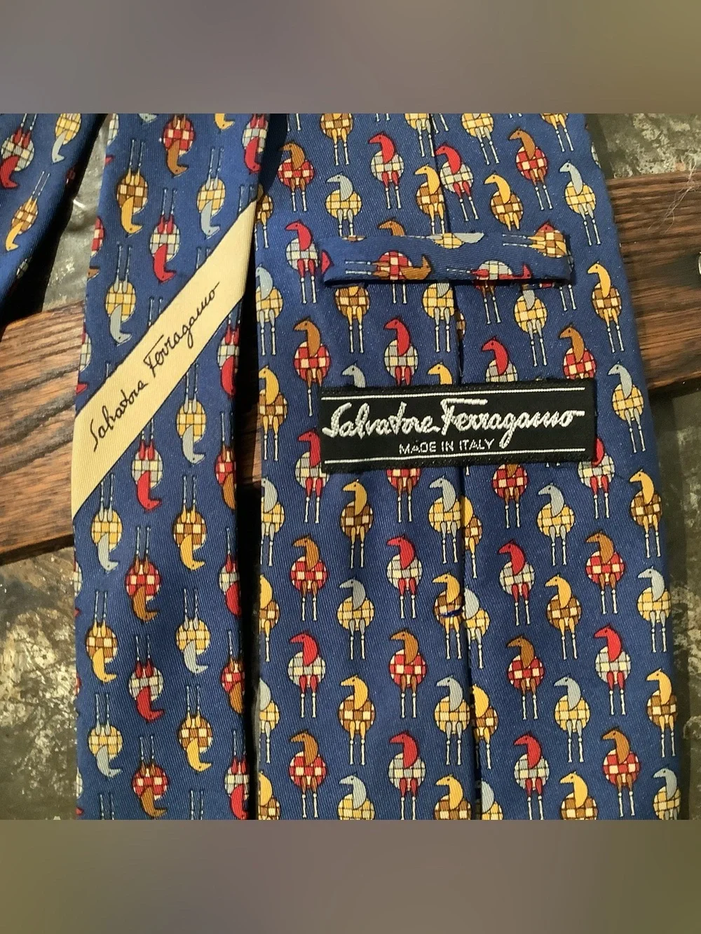 Salvatore Ferragamo Blue Silk Tie with Red and Gold Motif - EUC